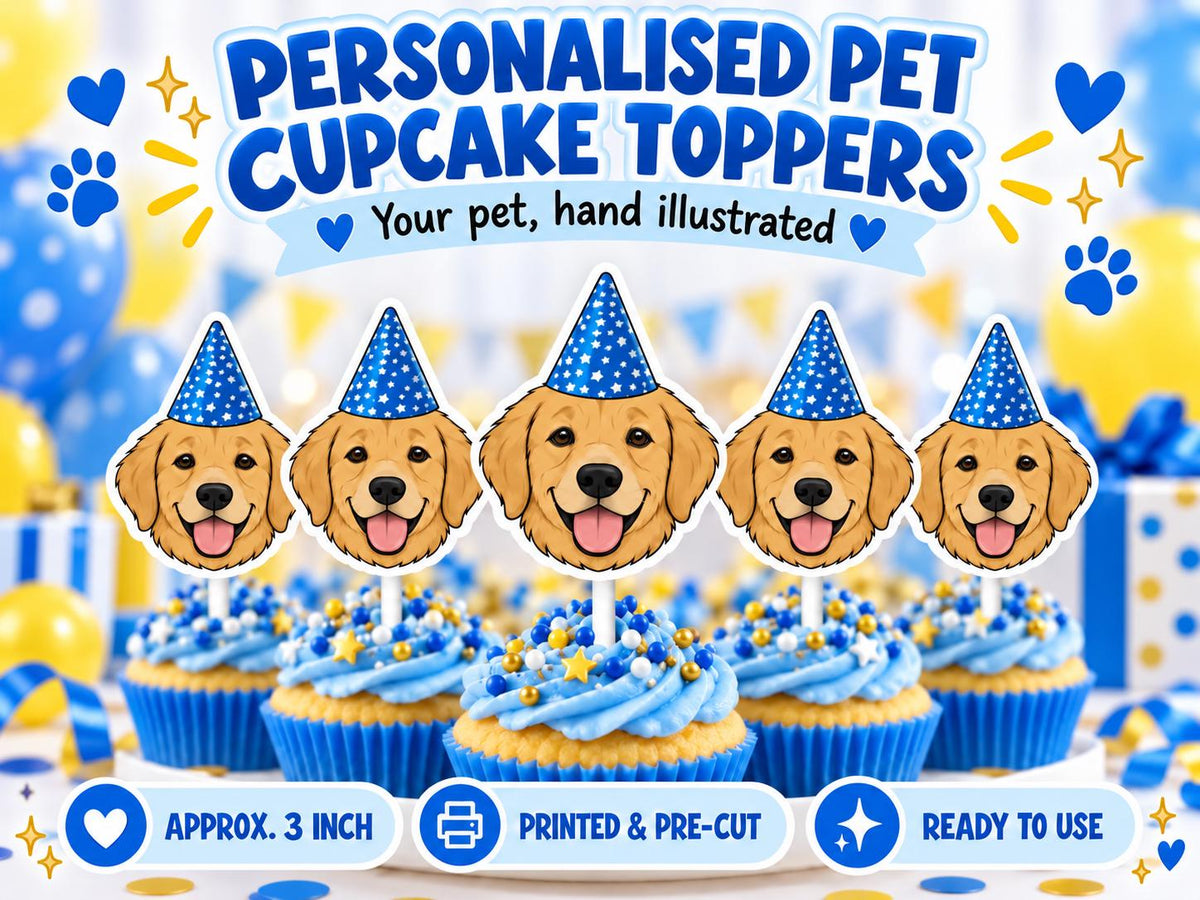 Personalized Pet Cupcake Toppers - Custom Illustrated Dog or Cat Portrait Party Decorations for Birthdays