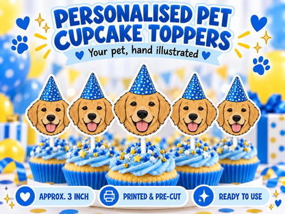 Personalized Pet Cupcake Toppers - Custom Illustrated Dog or Cat Portrait Party Decorations for Birthdays