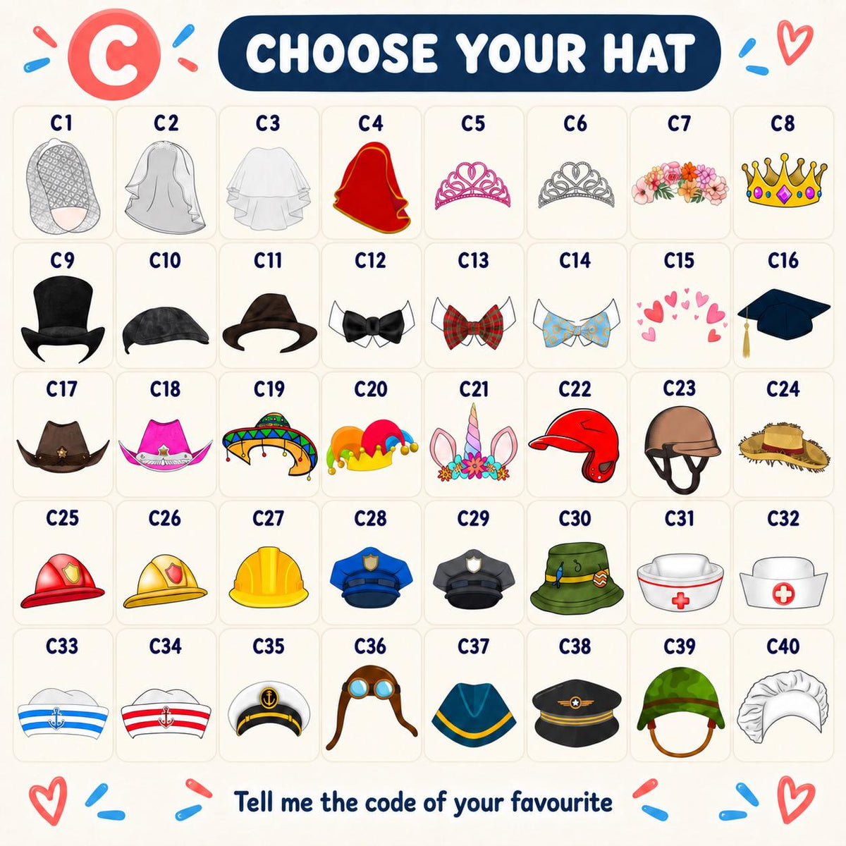 Choose Your Hat page C for custom photo face confetti, featuring 40 accessories labelled C1–C40. Choices include bridal veils, tiaras, flower crown, royal crown, top hats, bow ties, graduation cap, cowboy hats, sombrero, jester, unicorn, sports helmets, police hats, nurse hats, sailor caps, pilot hat, military helmet and chef hat.