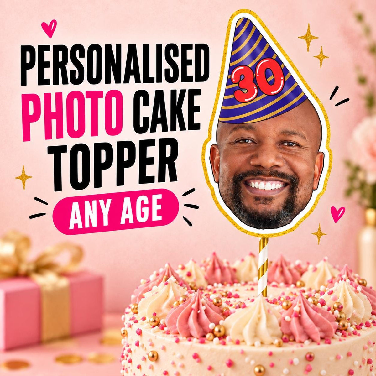 Personalised Face Birthday Cake Topper, Custom Photo Cake Decoration, Funny Party Hat Topper for Any Age