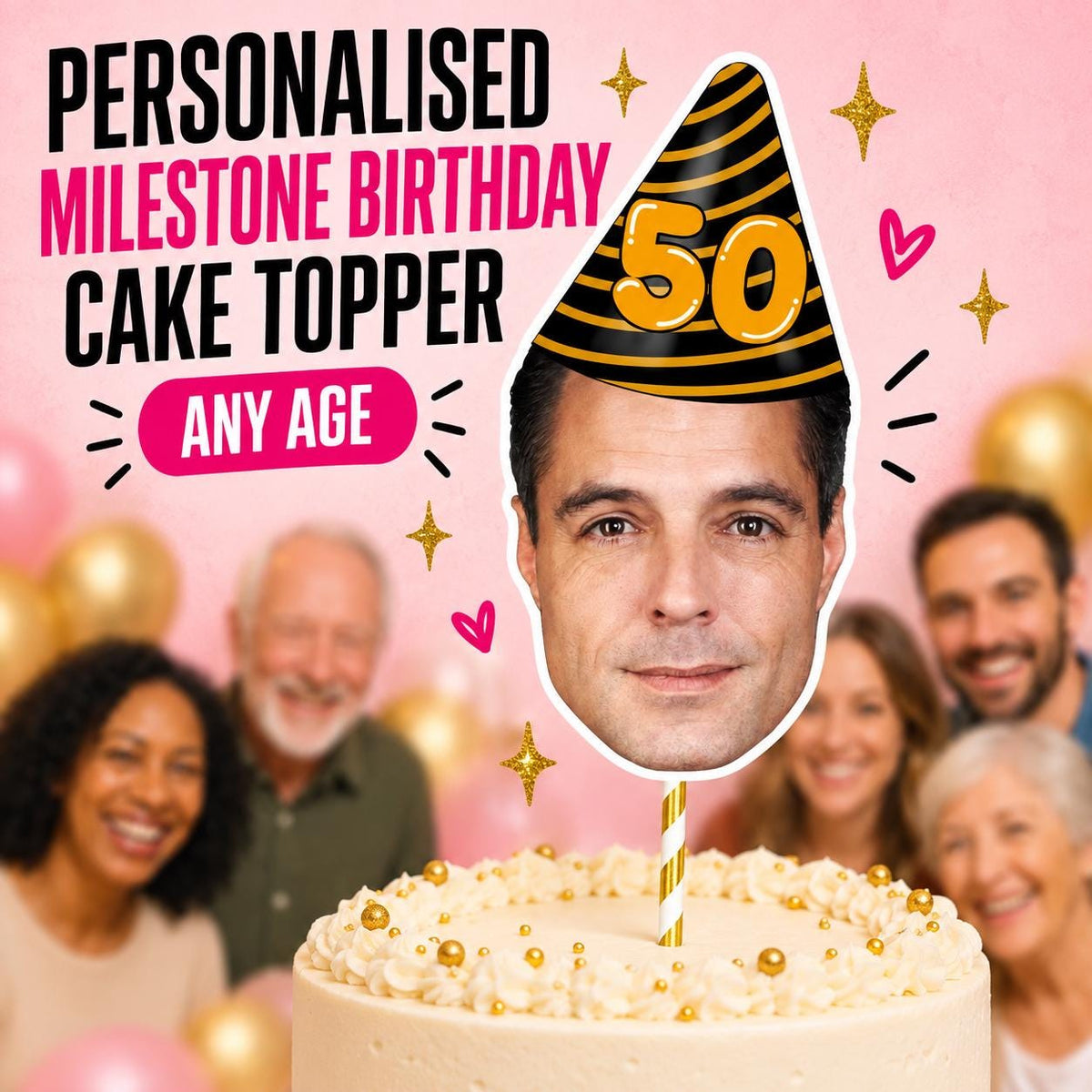 Personalised Milestone Birthday Cake Topper, Custom Face Photo Decoration for 18th 21st 30th 40th 50th 60th 70th 80th