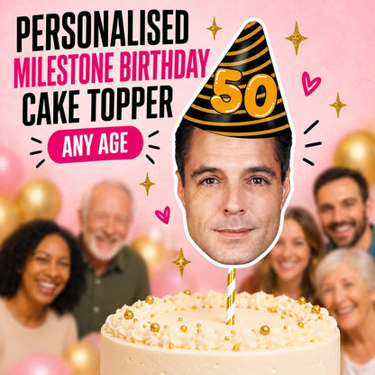 Personalised Milestone Birthday Cake Topper, Custom Face Photo Decoration for 18th 21st 30th 40th 50th 60th 70th 80th