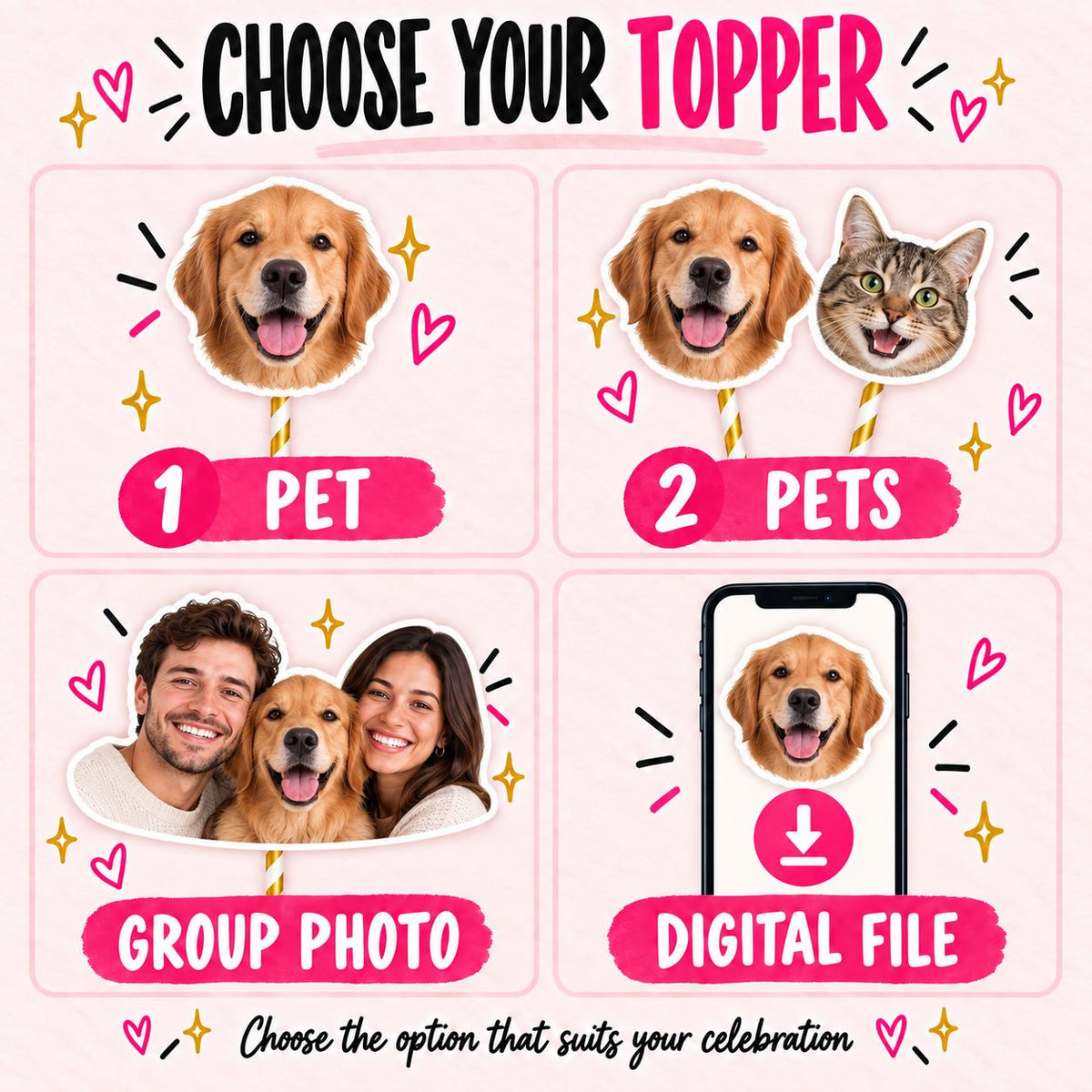Personalised Pet Birthday Cake Topper, Custom Dog or Cat Photo Face Decoration for Pet Birthday and Gotcha Day Party