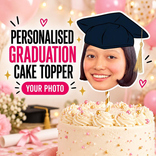 Personalised Graduation Cake Topper, Custom Photo Face Decoration With Graduation Cap for School College or University Party