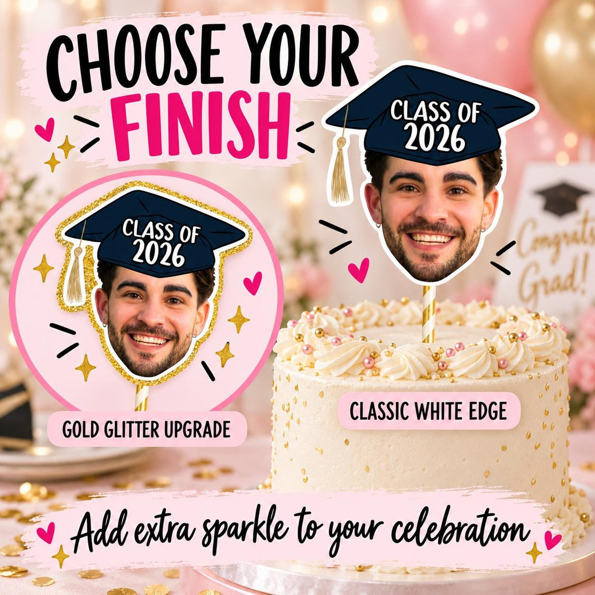 Personalised Graduation Cake Topper, Custom Photo Face Decoration With Graduation Cap for School College or University Party