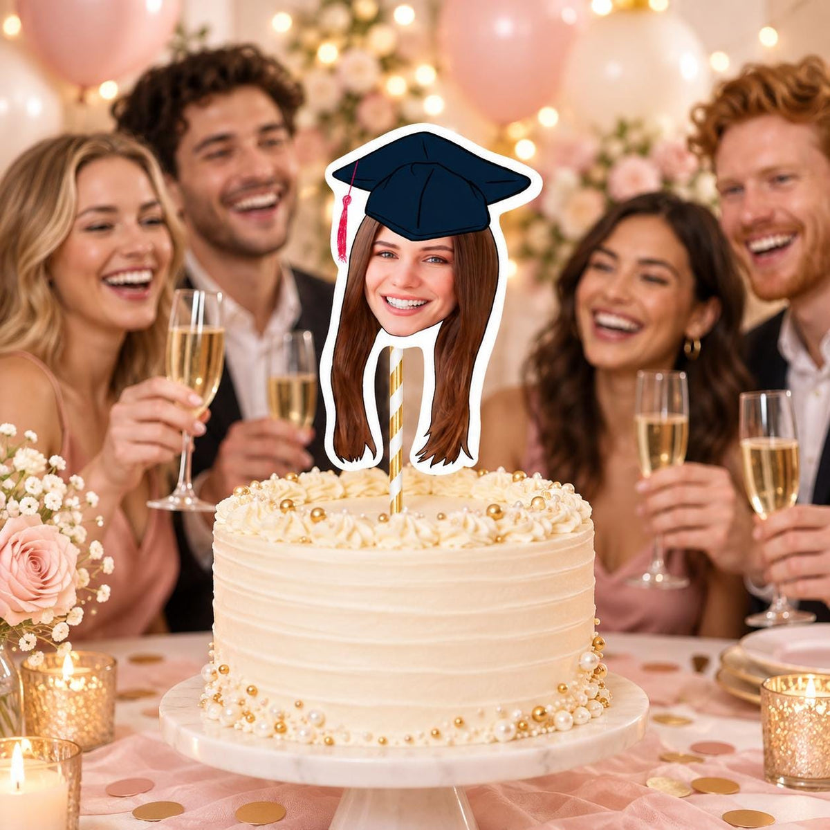 Personalised Graduation Cake Topper, Custom Photo Face Decoration With Graduation Cap for School College or University Party