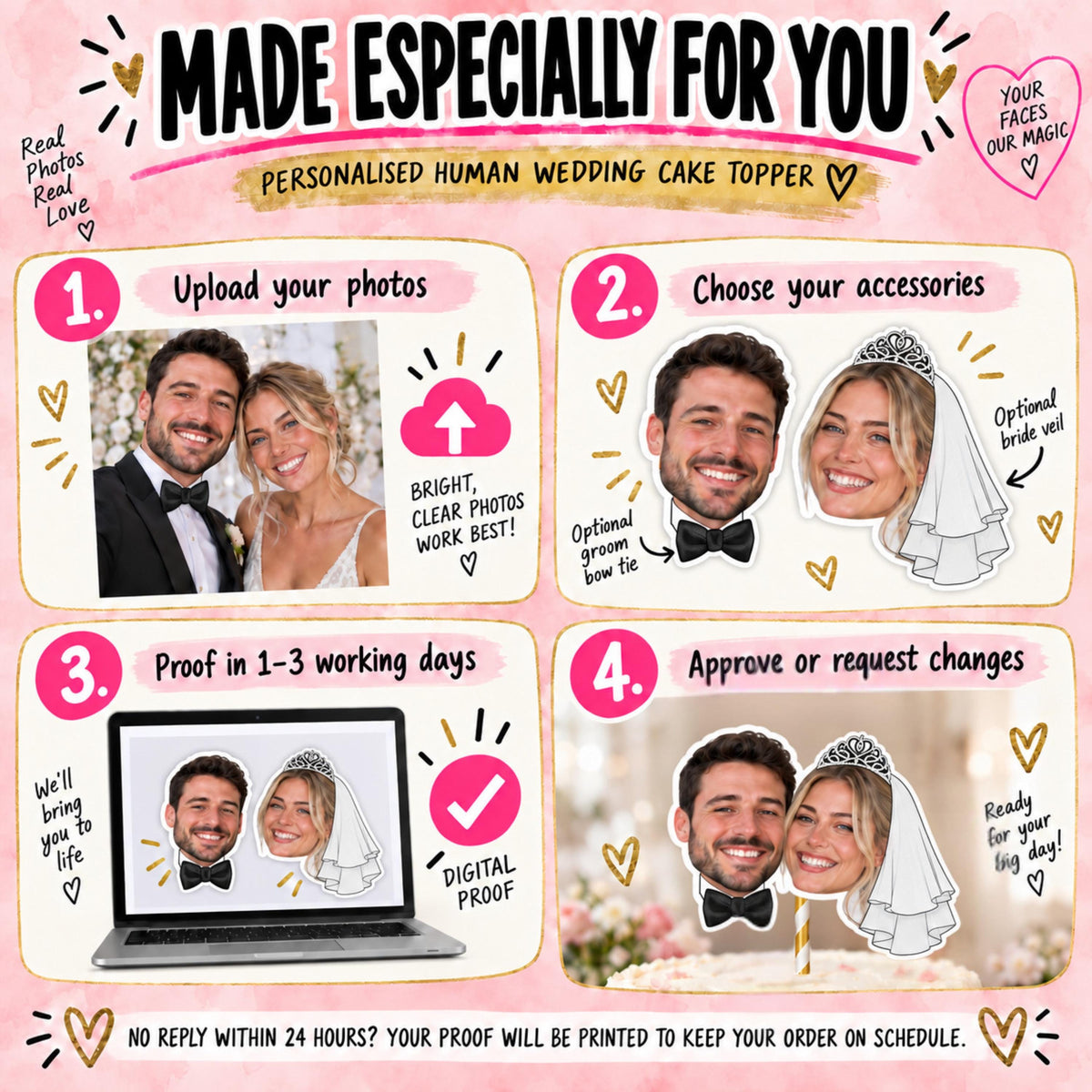 Personalised Wedding Couple Cake Topper, Custom Bride and Groom Photo Face Decoration for Wedding Engagement or Anniversary