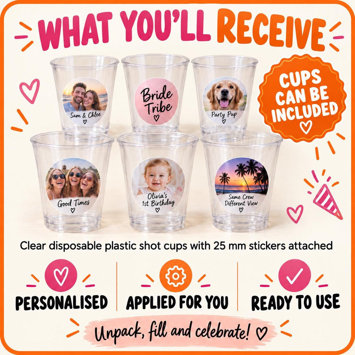 Personalised Graduation Shot Glass Stickers, Class of 2026 Prom Party Labels, Graduate Photo, Cups Optional