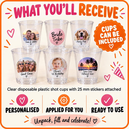 Personalised Graduation Shot Glass Stickers, Class of 2026 Prom Party Labels, Graduate Photo, Cups Optional