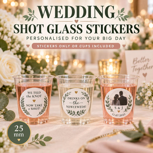 Personalised Wedding Shot Glass Stickers, We Tied the Knot Take a Shot Labels, Custom Wedding Favours, Cups Optional
