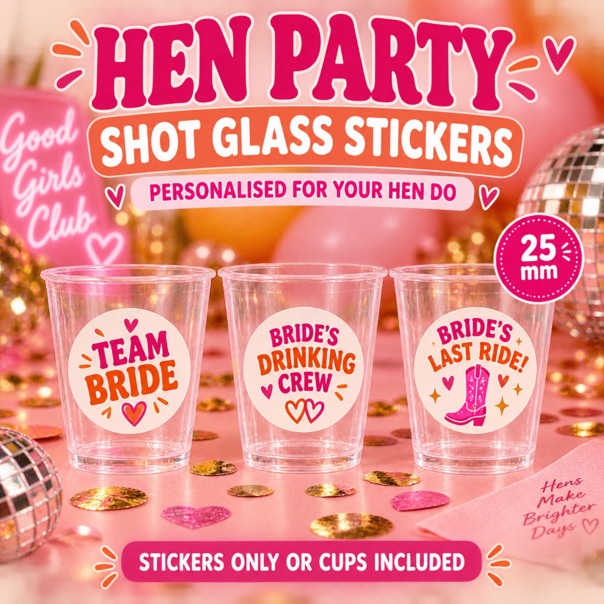 Personalised Hen Party Shot Glass Stickers, Team Bride Hen Do Favours, Custom Bride Photo Labels, Cups Optional
