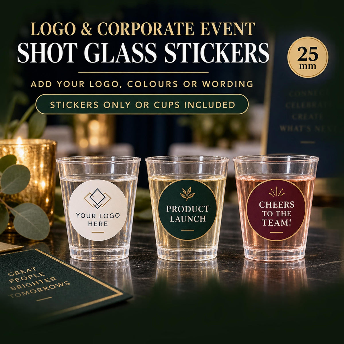 Custom Logo Shot Glass Stickers, Corporate Event Party Labels, Product Launch Work Celebration, Cups Optional