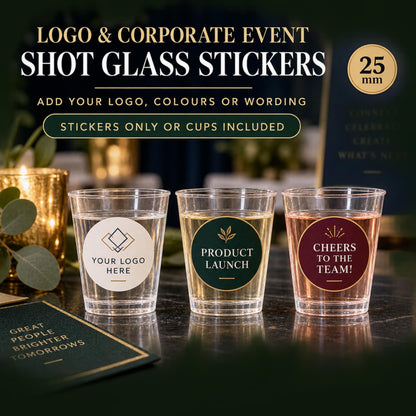Custom Logo Shot Glass Stickers, Corporate Event Party Labels, Product Launch Work Celebration, Cups Optional