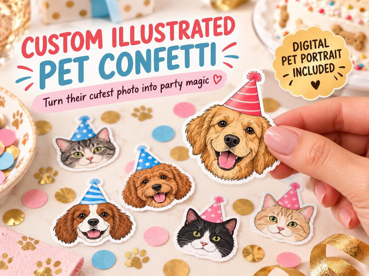 Custom Pet Confetti - Personalized Dog or Cat Cartoon Portrait from Photo, Birthday Party Table Decor & Keepsake Gift