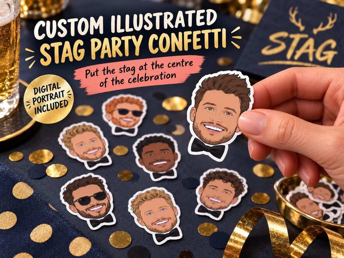 Custom Illustrated Hen Party & Stag Do Confetti - Personalised Cartoon Portrait from Photo for Bride or Groom Table Decorations