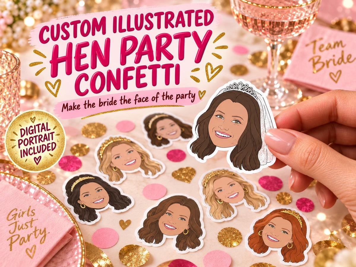 Custom Illustrated Hen Party & Stag Do Confetti - Personalised Cartoon Portrait from Photo, Bride Groom Table Decorations