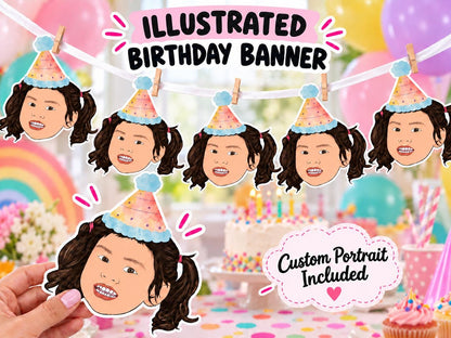 Personalised Illustrated Face Banner - Custom Cartoon Portrait Bunting for Birthday Party Decorations