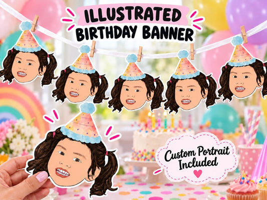 Personalised Illustrated Face Banner - Custom Cartoon Portrait Bunting for Birthday Party Decorations
