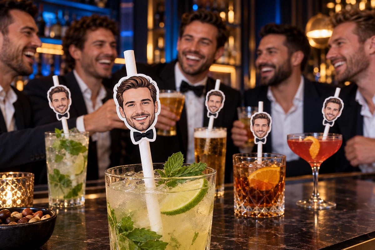 Personalised Wedding Straws with Custom Bride and Groom Portrait Toppers - Illustrated Couple Face Drink Decor