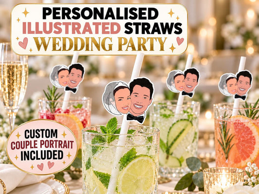 Personalised Wedding Straws with Custom Bride and Groom Portrait Toppers - Illustrated Couple Face Drink Decor