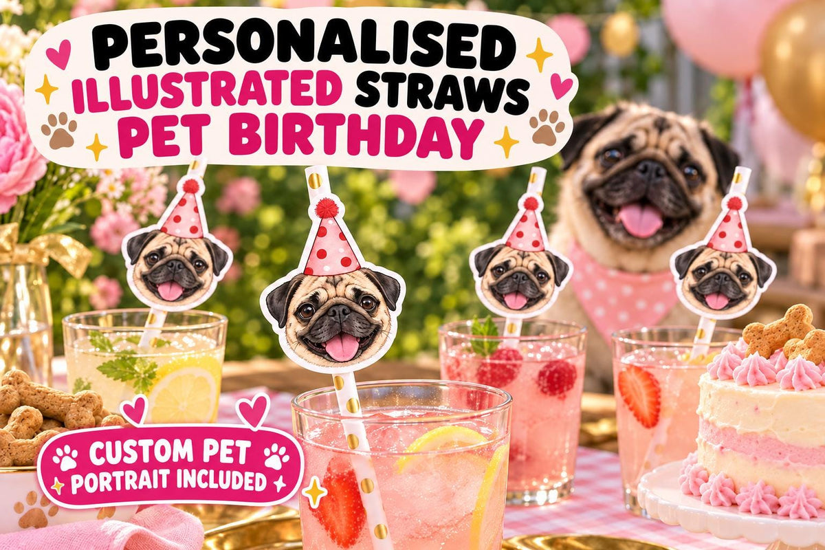 Personalized Pet Portrait Drink Straws - Custom Illustrated Dog or Cat Face Straw Toppers for Birthday Parties