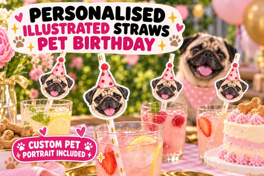 Personalized Pet Portrait Drink Straws - Custom Illustrated Dog or Cat Face Straw Toppers for Birthday Parties