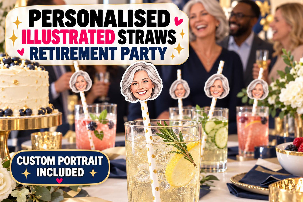 Personalised Illustrated Retirement Straws - Custom Portrait Drink Toppers for Retirement Party Decor