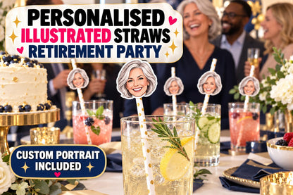 Personalised Illustrated Retirement Straws - Custom Portrait Drink Toppers for Retirement Party Decor