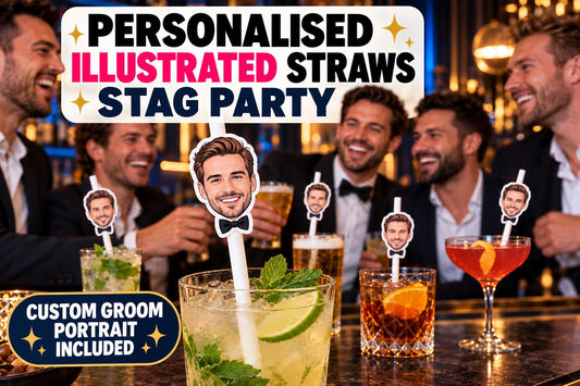 Personalised Stag Party Straws - Custom Illustrated Groom Portrait Drink Toppers for Bachelor Party Decor