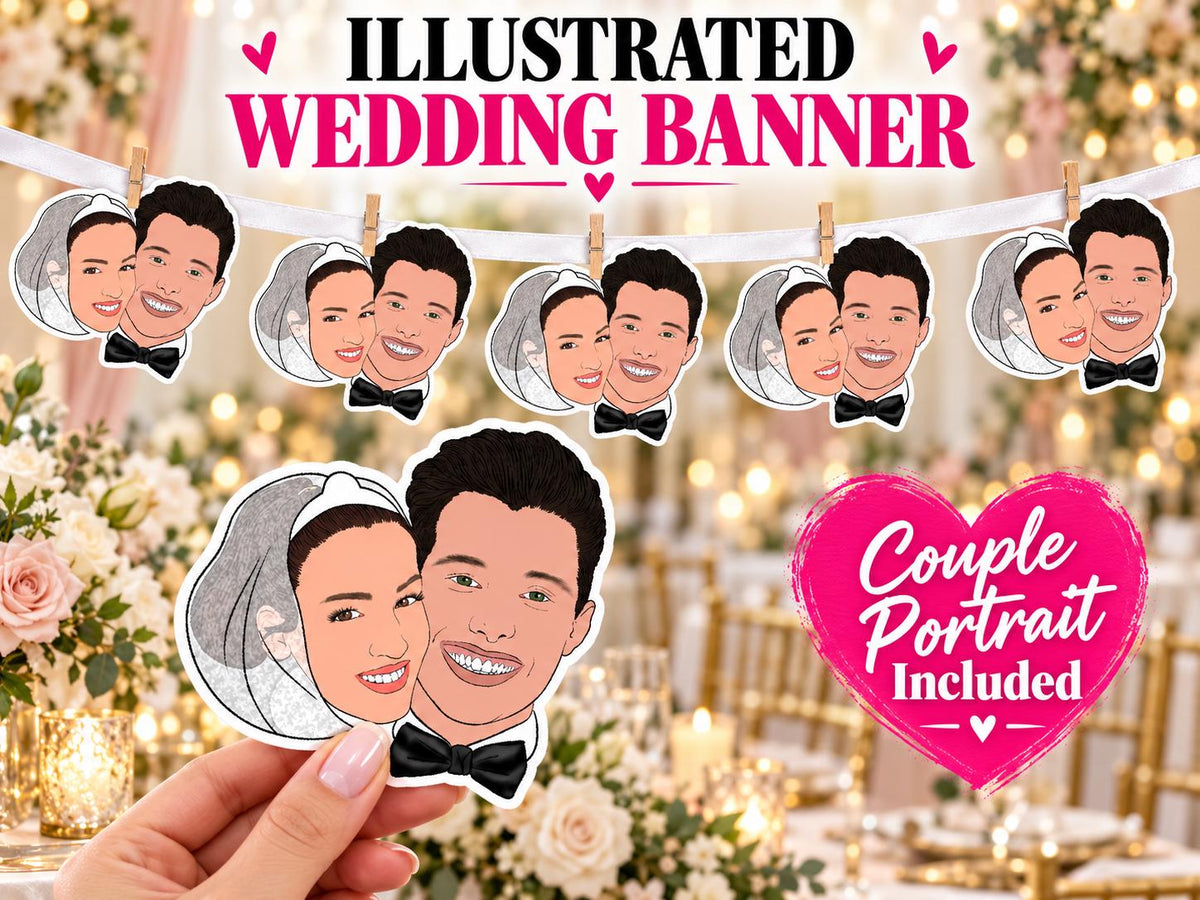 Personalised Wedding Face Banner, Custom Bride & Groom Portrait Bunting for Reception Decor
