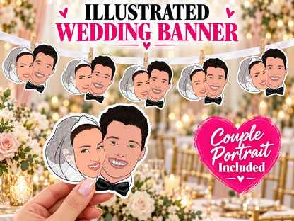 Personalised Wedding Face Banner, Custom Bride & Groom Portrait Bunting for Reception Decor