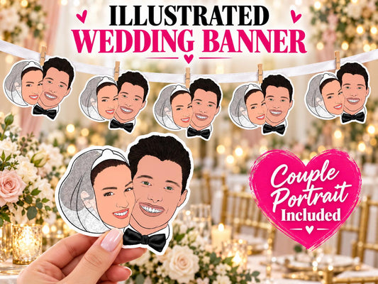 Personalised Wedding Face Banner, Custom Bride & Groom Portrait Bunting for Reception Decor