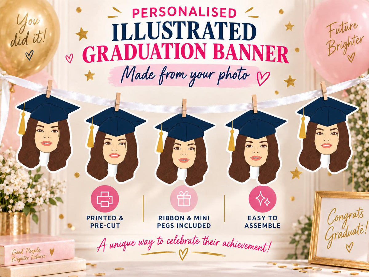 Personalised Graduation Banner - Custom Illustrated Face Portrait Bunting for Grad Party Decor