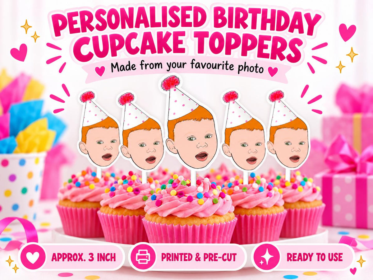 Personalised Kids Birthday Cupcake Toppers - Custom Illustrated Photo Party Decorations