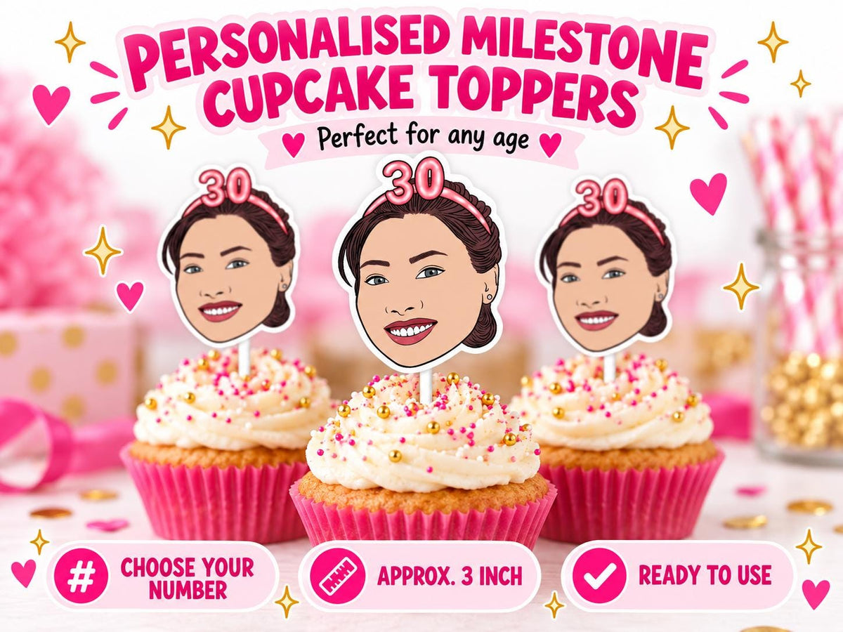Personalised Birthday Cupcake Toppers - Custom Illustrated Face Party Decorations, Funny Cartoon Portrait Milestone Gift
