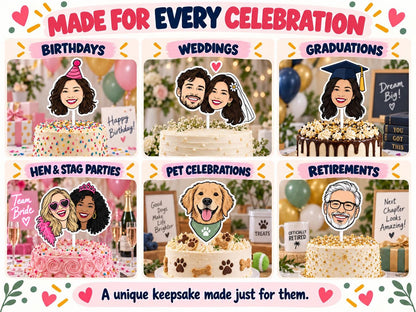 Personalised Illustrated Cake Topper - Custom Face Portrait from Photo, One or Two Heads