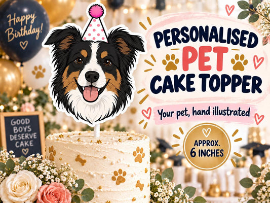 Personalised Illustrated Pet Cake Topper, Custom Dog or Cat Birthday Decoration
