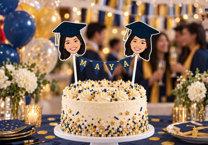 Personalised Graduation Cake Bunting - Custom Illustrated Grad Topper with Name
