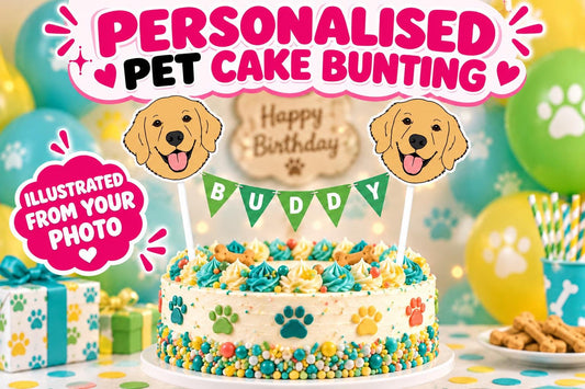 Personalised Pet Cake Bunting - Custom Illustrated Dog or Cat Name Topper for Birthday Party Decor