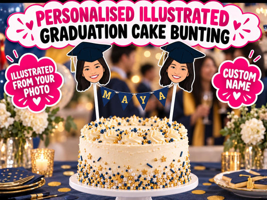 Personalised Graduation Cake Bunting - Custom Illustrated Grad Topper with Name
