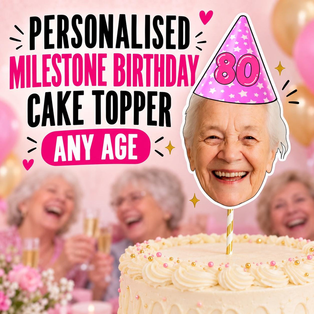 Personalised Milestone Birthday Cake Topper, Custom Face Photo Decoration for 18th 21st 30th 40th 50th 60th 70th 80th