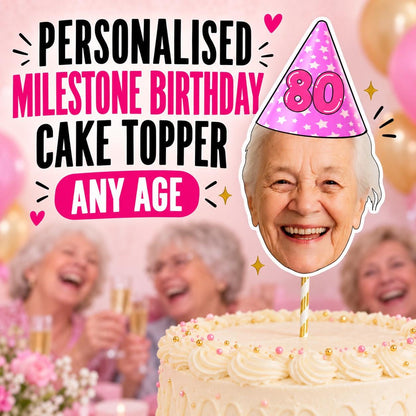 Personalised Milestone Birthday Cake Topper, Custom Face Photo Decoration for 18th 21st 30th 40th 50th 60th 70th 80th
