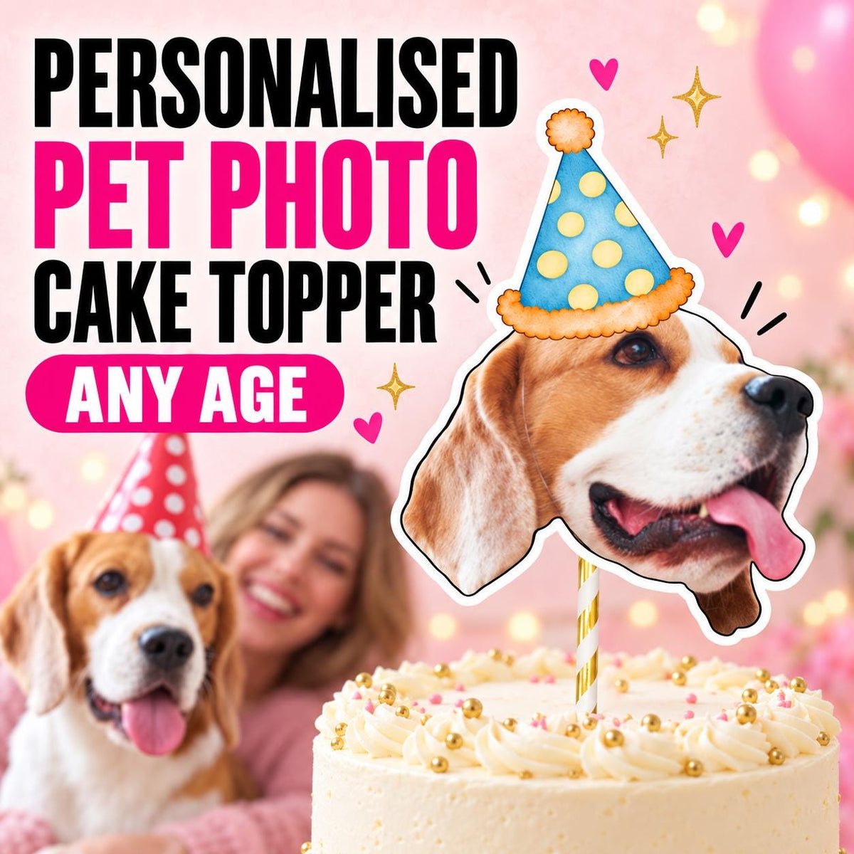 Personalised Pet Birthday Cake Topper, Custom Dog or Cat Photo Face Decoration for Pet Birthday and Gotcha Day Party