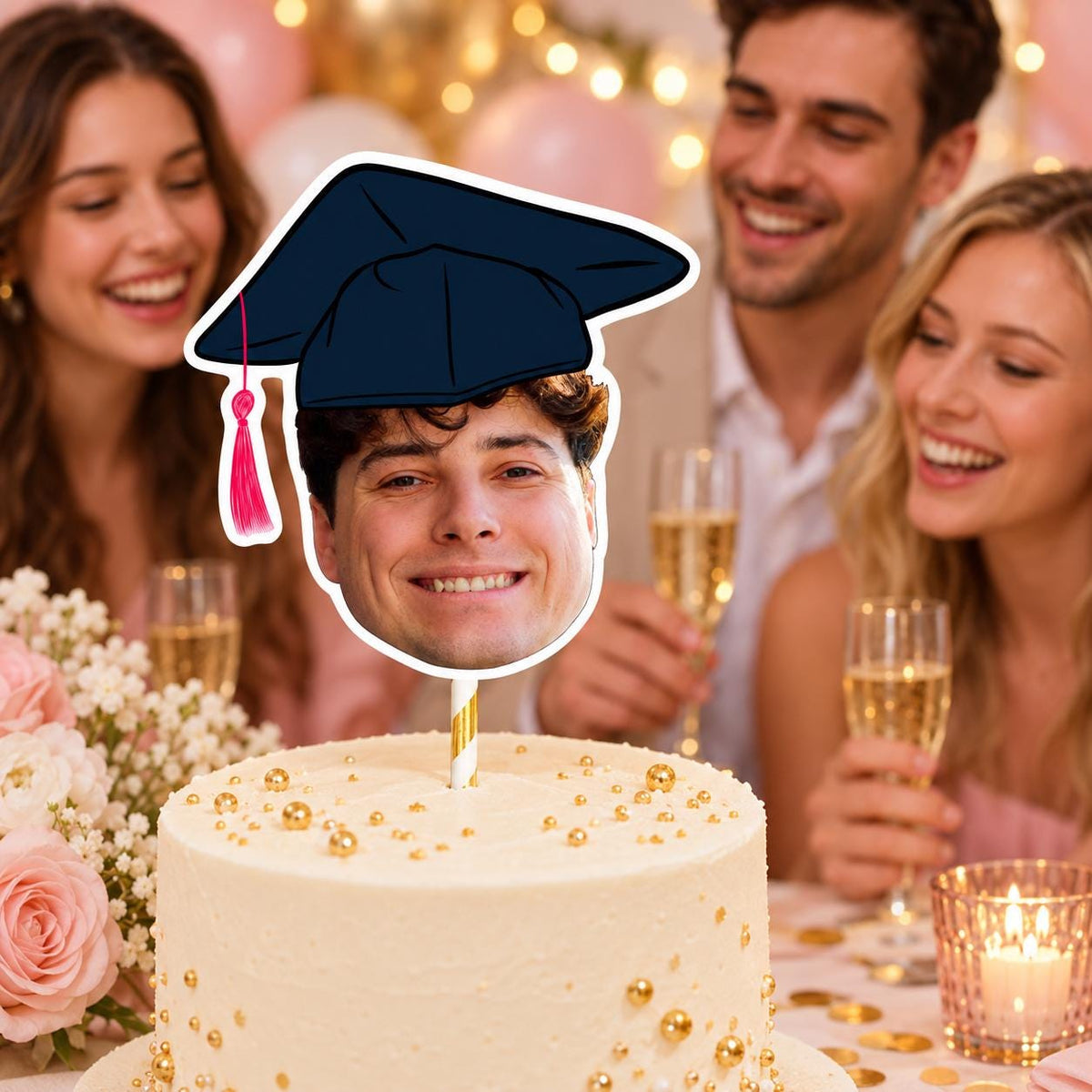 Personalised Graduation Cake Topper, Custom Photo Face Decoration With Graduation Cap for School College or University Party