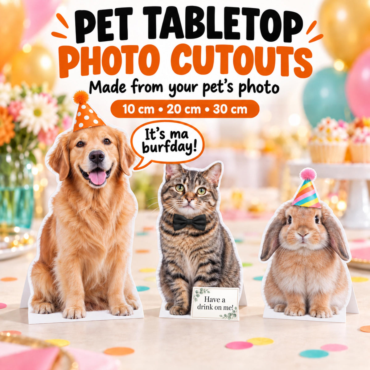 Personalised Pet Tabletop Photo Cutout, Custom Dog Cat or Animal Photo Stand, Pet Birthday Party Decoration and Keepsake