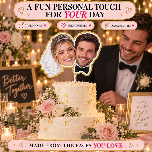 Personalised Wedding Couple Cake Topper, Custom Bride and Groom Photo Face Decoration for Wedding Engagement or Anniversary