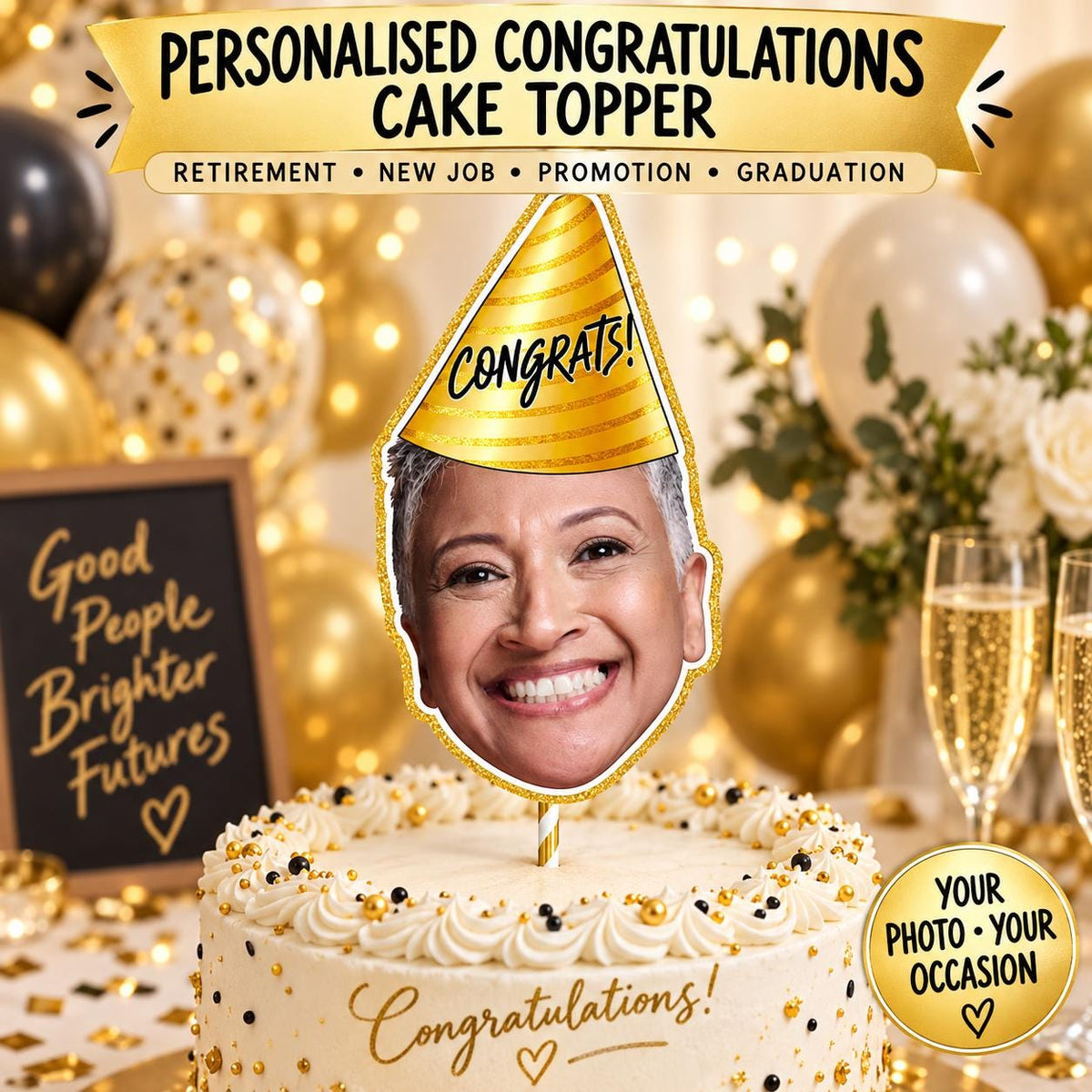 Personalised Retirement Cake Topper, Custom Photo Face Topper, Congratulations, New Job, Promotion or Graduation Party Decoration