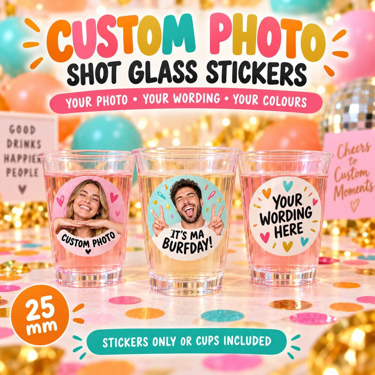 Custom Photo Shot Glass Stickers, Personalised Face Party Labels, Birthday Hen Wedding Shot Cups, Stickers or Cups