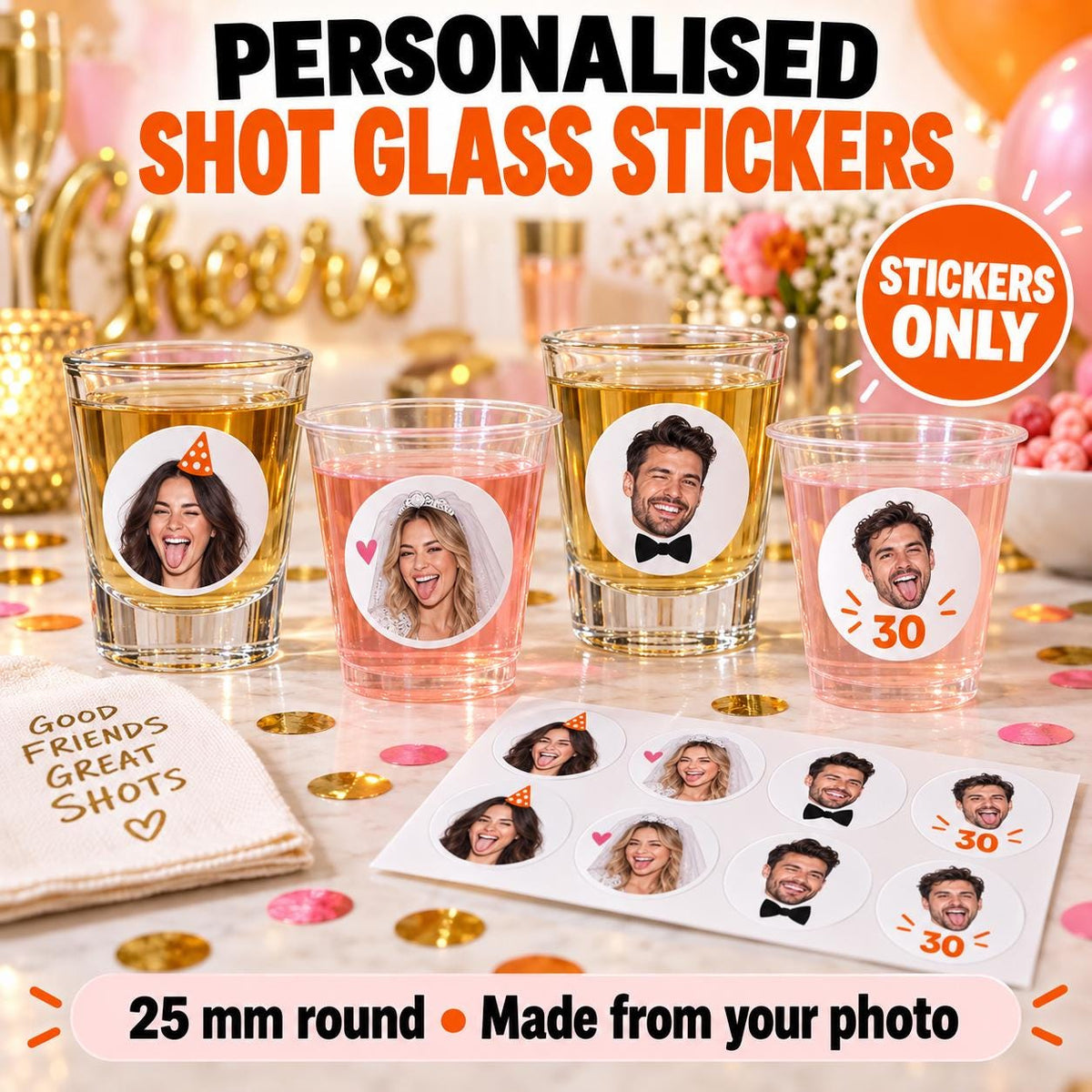 Personalised Wedding Shot Glass Stickers, We Tied the Knot Take a Shot Labels, Custom Wedding Favours, Cups Optional