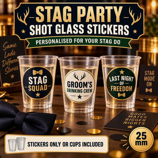 Personalised Stag Party Shot Glass Stickers, Stag Squad Groom Photo Labels, Stag Do Favours, Cups Optional
